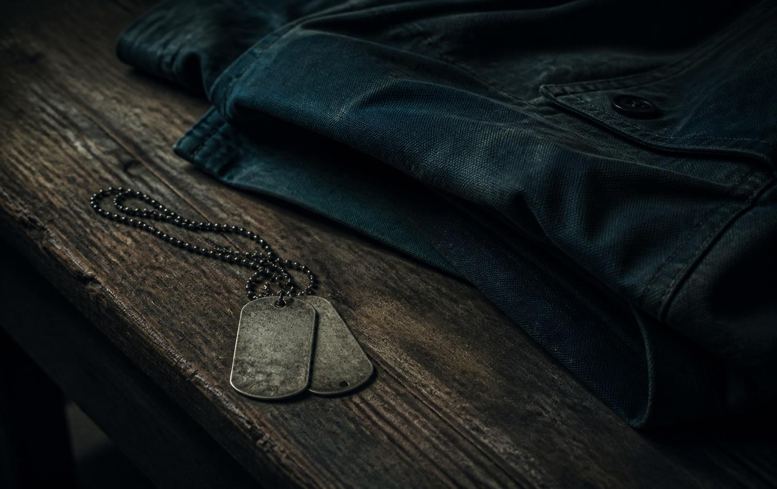 Worn dog tags resting beside a folded canvas field jacket