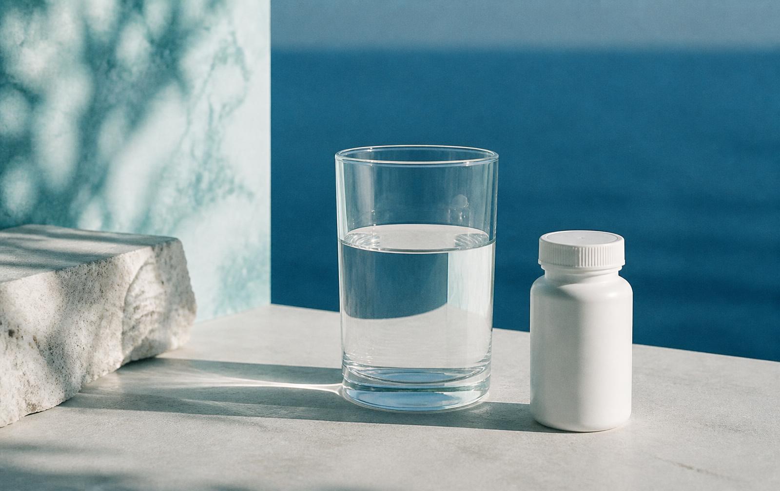 A glass of water and a plain white pill bottle in bright daylight