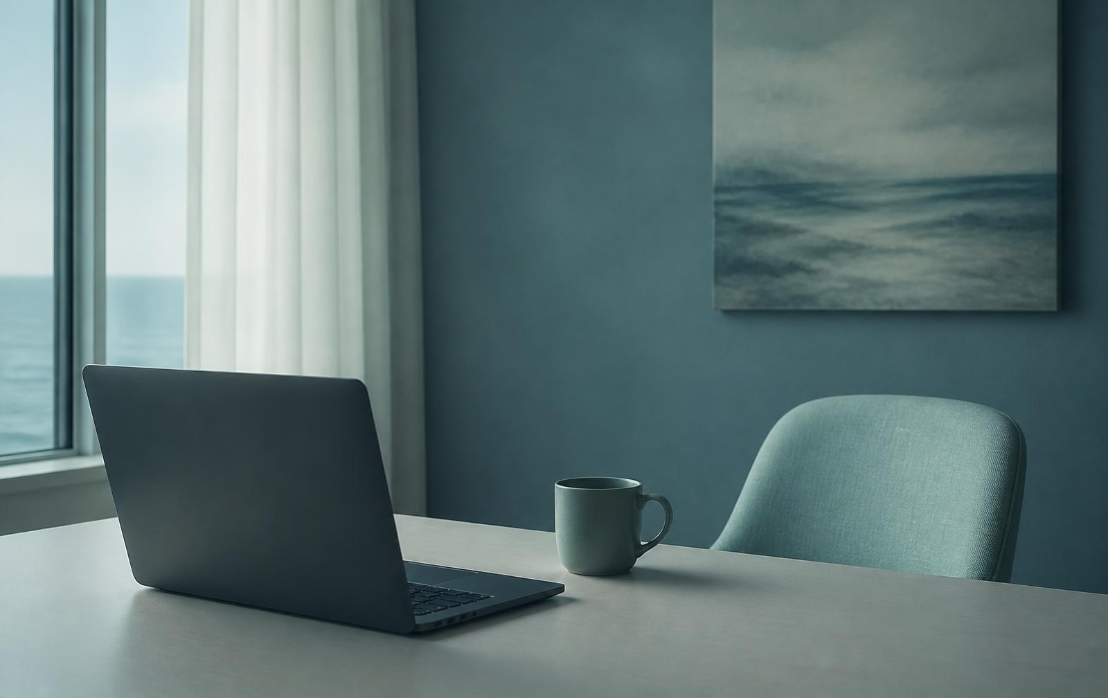 An open laptop and an empty chair at a quiet table by a window